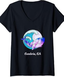 Womens Cambria CA Japanese Paint Geometric Orca Killer Whale V-Neck T-Shirt