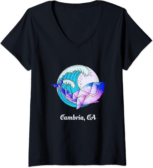 Womens Cambria CA Japanese Paint Geometric Orca Killer Whale V-Neck T-Shirt