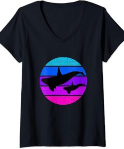 Womens Retro Orca Family Swim V-Neck T-Shirt