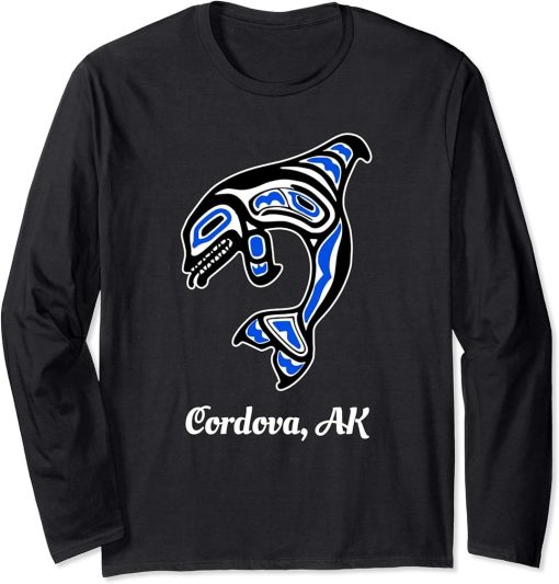 Blue Native American Cordova AK Tribal Orca Killer Whale Long Sleeve T-Shirt