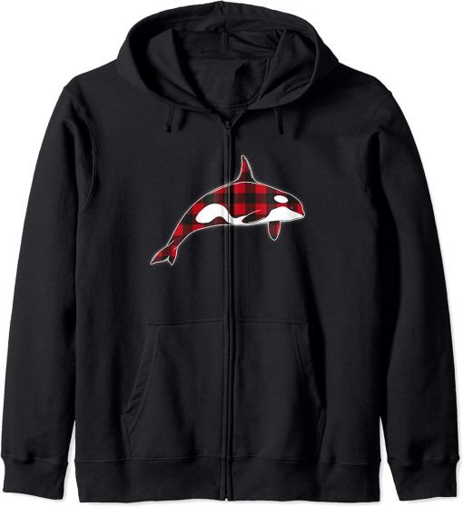 Red Plaid Orca Whales Lover Christmas Matching Family Pajama Zip Hoodie